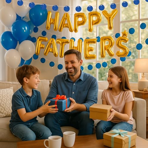 Father’s Day Balloon Banner Set, Gold Foil Letter Balloons with Blue Glitter Dot Garland, Father's Day Party Supplies, Dad Birthday Decorations, Photo Backdrop for Dad (Happy Father's Day) - Image 5