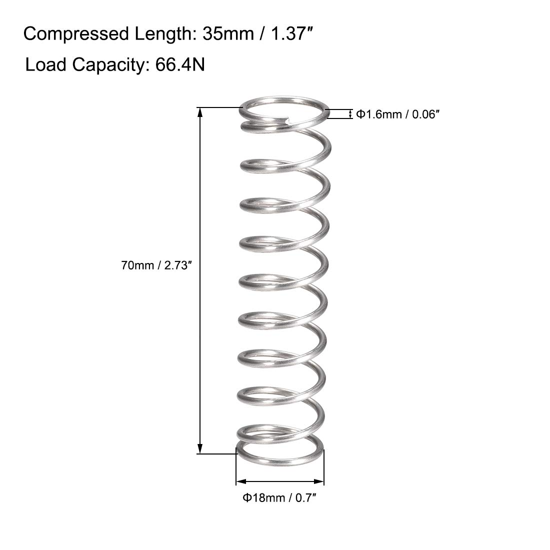 sourcing map 5 Stück Druckfeder 304 Edelstahl Druckfedern Spiralfeder Stahlfeder 18mm Außendurchmesser 1.6mm Drahtdurchmesser 35mm Komprimierte Länge 70mm Länge 66.4N Tragfähigkeit Silber