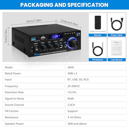 Bluetooth 5.0 Audio Amplifier Receivers-AK45 HiFi Stereo Mini Power Amplifier RMS 40W x 2 Max. 600W 2.0 Channel Home Theater Audio Components Speakers Amp W/MIC,USB, RCA,FM Radio