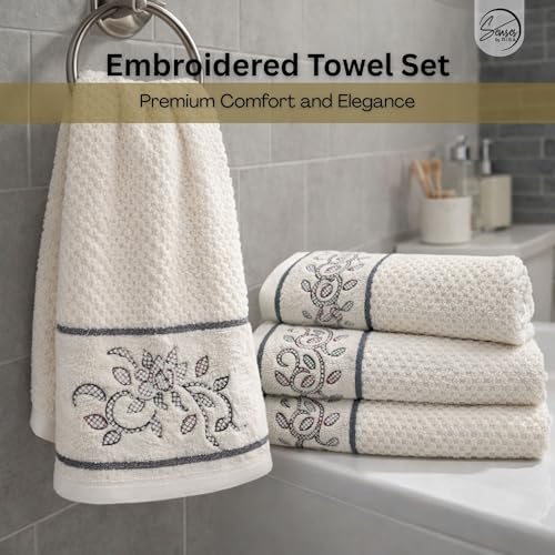 Image of SENSES By Riba Cotton Embroidered Towel Set, 550 GSM Soft & Absorbent, Antimicrobial, Oeko-Tex Certified | Ideal for Home & Gifting, Pack of 4 (2 Bath 27 inchX50 inch + 2 Hand Towels 16 inchX26 inch) - Style 21