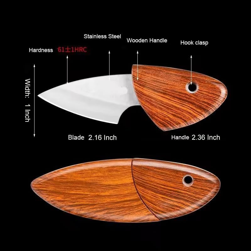 Image of Generic Leaf Shape Handmade Mini Stainless Steel Pocket Knife with Sheath - Portable Outdoor Short Fish Cutter, Keychain Polypropylene Pocket Knife for Camping Kitchen & Gifting - (6.10 Inch)