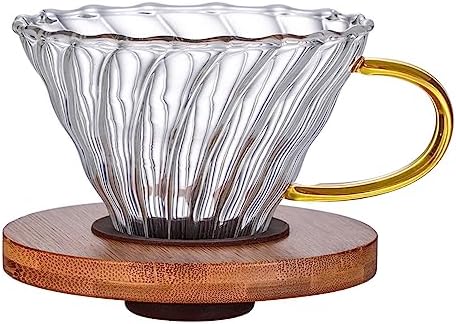 Gute Glass Coffee Dripper/Filter - Cone Glass Pour Over Coffee Dripper with Bamboo Stand & Handle, 1-4 Cups Drip Coffee Maker Funnel Accessories for Home, Office
