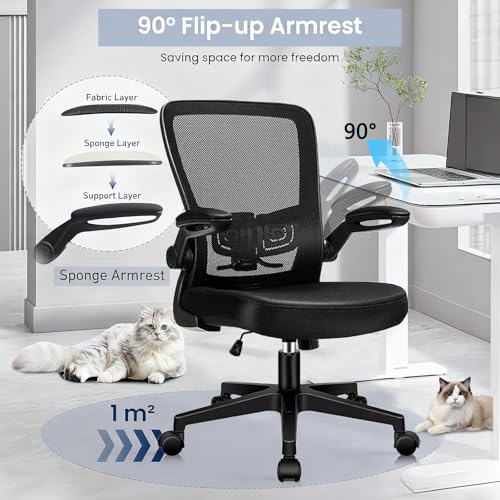 Image of KLASIKA Desk Chairs with Wheels, Ergonomic Mesh Office Chair Adjustable Height and Swivel Lumbar Support Home Office Chair with Flip Up Armrests, Set of 2
