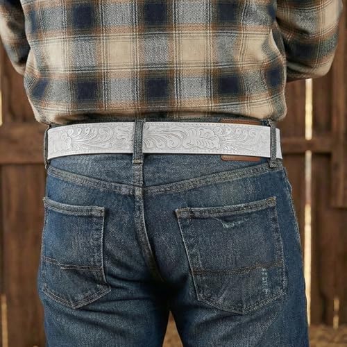 Image of BC Belts Western Leather Belt Strap - 1.5 inch Wide with Embossed Scrollwork Without Buckle for Men & Women, Cowboy /Cowgirl Style