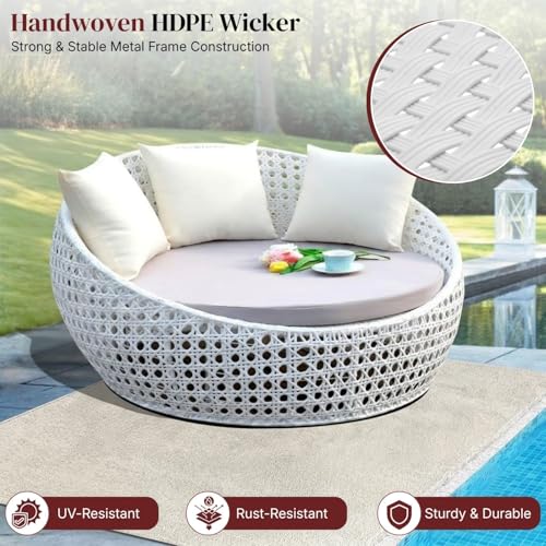 Image of DEVOKO Outdoor Pool Side, Garden, Balcony, Porch, Backyard, Terrace, Patio, Beach Round Sofa Wicker And Rattan Unique Design Daybed Furniture Set (White And Off White), 139 Centimeters, 122 CM, 76 CM
