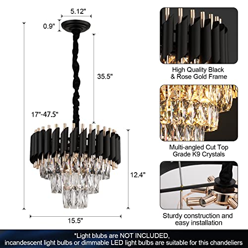 AXILIXI Modern Crystal Chandelier - Black & Gold Glam Lighting - Image 2