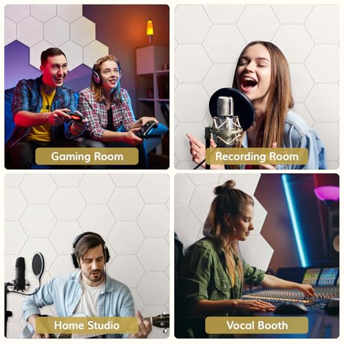 Image of 48 Pack High Density Hexagon Acoustic Panels, TONOR 12 inchx 10 inchx 0.4 inch Soundproof Wall Panels, Sound Absorbing Panels for Interior Wall Decor, Peel and Stick Modern for Studio, Office, Home, Beige