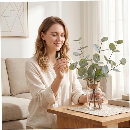 Centro de mesa de eucalipto artificial con jarron de vidrio verde para comedor 6