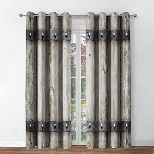 Jekeno Rustic Wooden Barn Door Blackout Curtains Retro Wood Farm Farmhouse Country Decor for Bedroom Living Room Darkening Grommet Window Drapes 2 Panel Set, 42"x63"