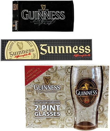 Guinness Barware Pack - Gaelic Bar Mat, Signature Bar Towel & Guinness 2014 Pint Collector’s Edition 2 Pack