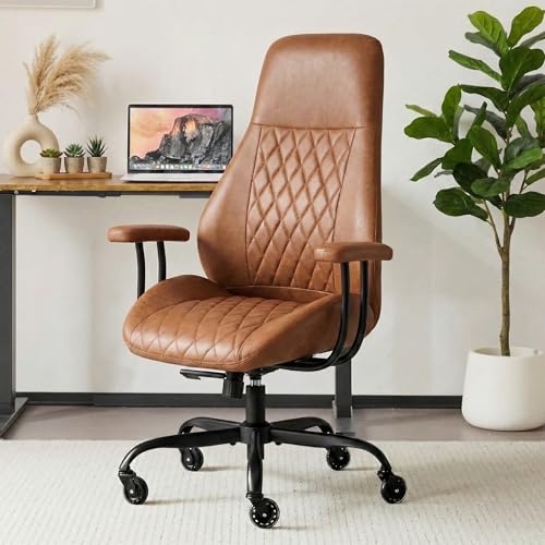 Image of E-Motie Office Chair with Rubber Wheels, Ergonomic Computer Chair 500 lbs, Leather Desk Chair with Lumbar Support, Executive Chair Adjustable Height & Recline, Brown