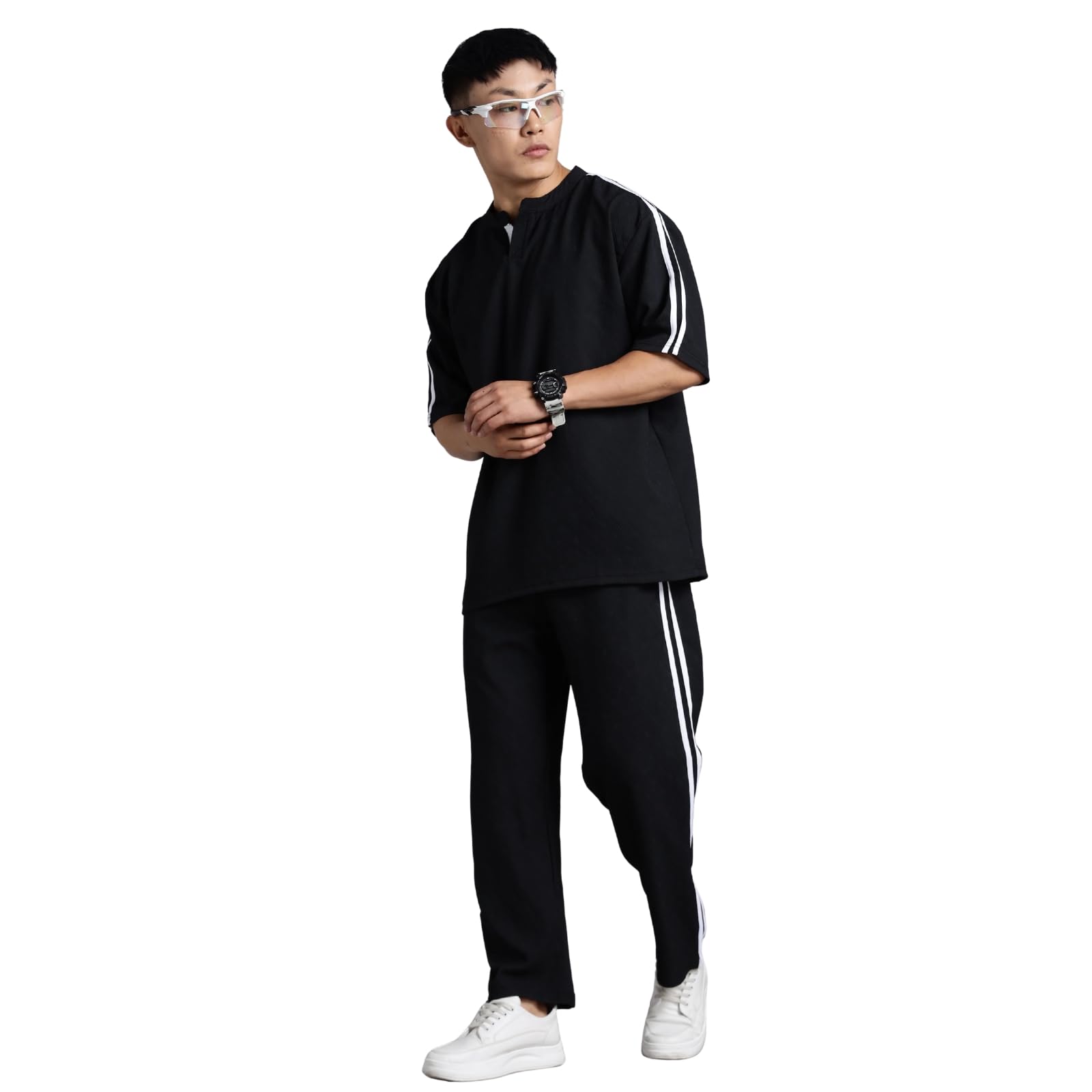 sinsकारी Men Cotton Oversized Cord Set | Night Suit for Men | Dobby Summer Loungewear & Sleepwear Co-ord Set | Black-picture-21
