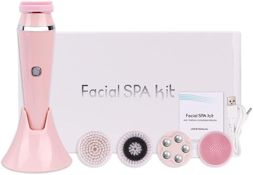4 In 1 Electric Facial Cleansing Brush Rechargeable Face Cleanser Spin Brushes, Blackhead Removal, Deep Cleansing & Exfoliating (PINK)
