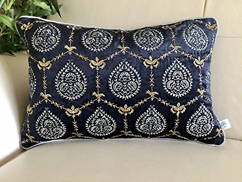 Image of TARA- Sparkling Homes 12 x 18 Inches Embroidered Velvet Cushion Covers, 'Padmini' from 'The Royal Collection', Set of 1 (Midnight Blue, 12 x 18 Inches)