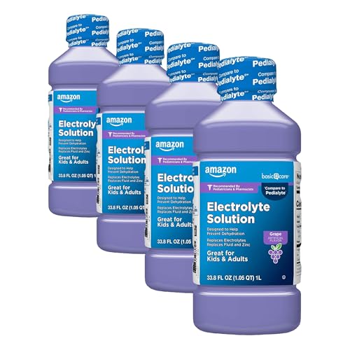Image of Amazon Basic Care Pediatric Electrolyte Solution, Grape Flavor, Helps Prevent Dehydration, Replaces Electrolytes, Fluid and Zinc, for Kids and Adults, 33.8 fl oz (Pack of 4)