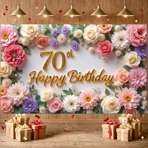 Flower 70th Birthday Banner Decorations for Women Pink Roses Floral Happy 70th Birthday Banner Backdrop Sign for 70 Years Old Anniversary Party Home Wall Outdoor Indoor Photo Booth Background Supplies