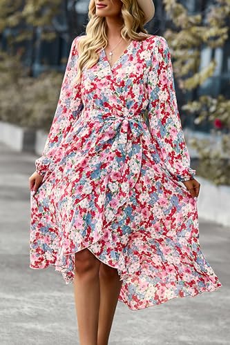 Image of PRETTYGARDEN Women's Floral Boho Dress Fall Long Sleeve Wrap V Neck Ruffle Flowy Maxi Spring Wedding Guest Vacation Dresses