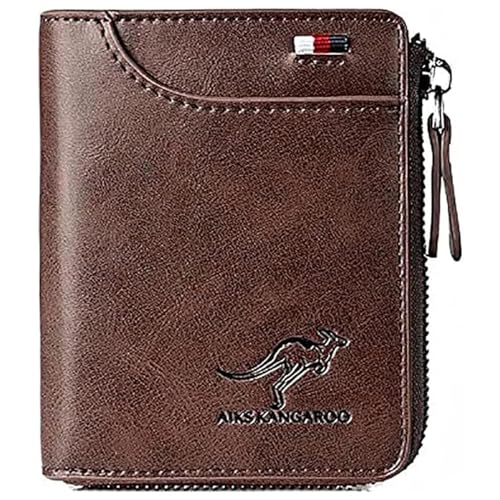 Men Wallet Zipper Genuine Leather Purs, Aiks Kangaroo Wallets, PU Stylish Soft Simple Design RFID Protected Wallet (Retro Red)