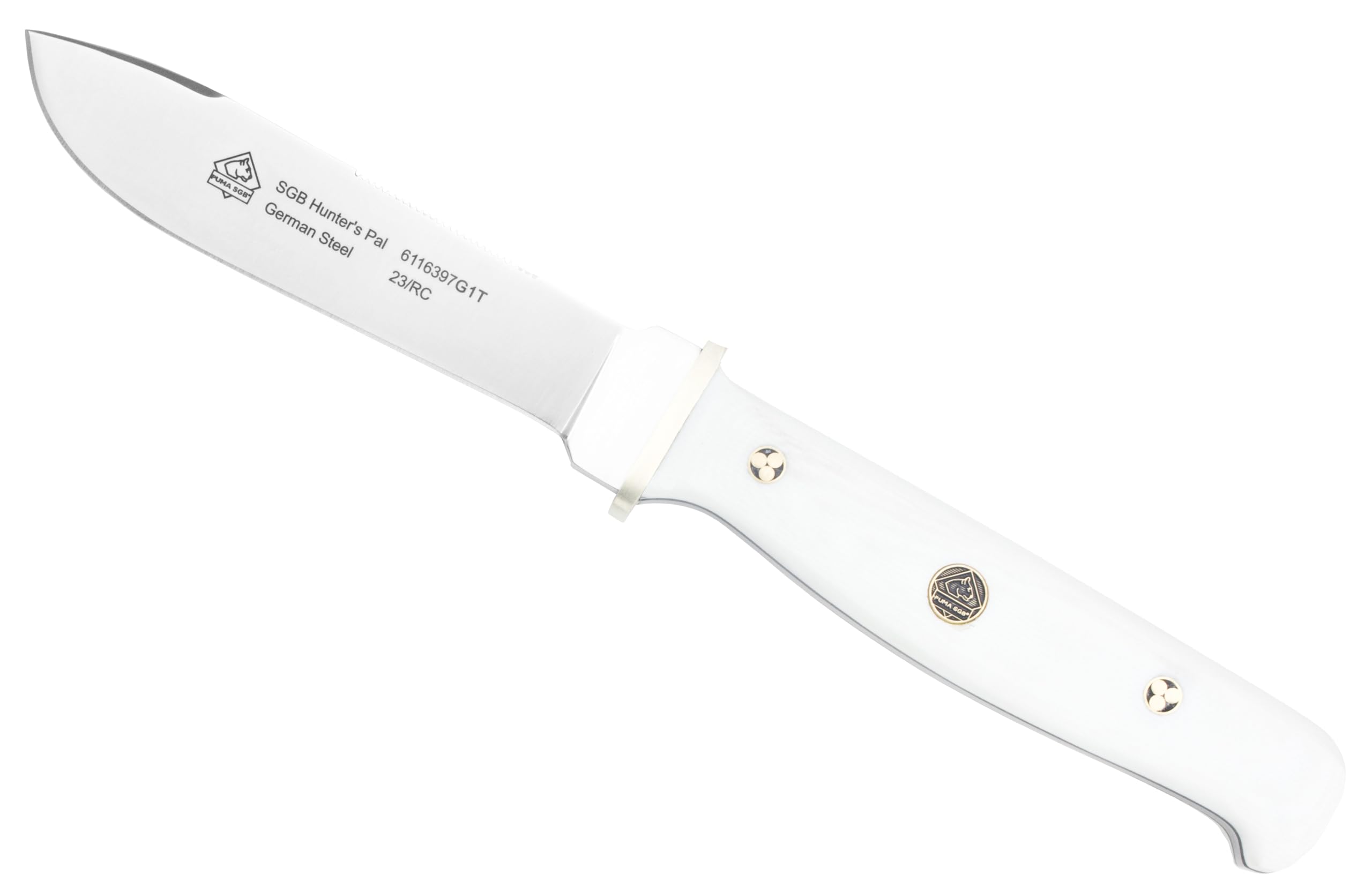 PUMA SGB – Hunter's Pal - Feststehendes Jagdmesser - Griffschalen aus POM Commando Stag - 100mm Klinge aus deutschem Stahl (1.4116, 55-57 HRC) - Messingknebel - Inkl. Lederscheide (Art.Nr.: 6116397CS)