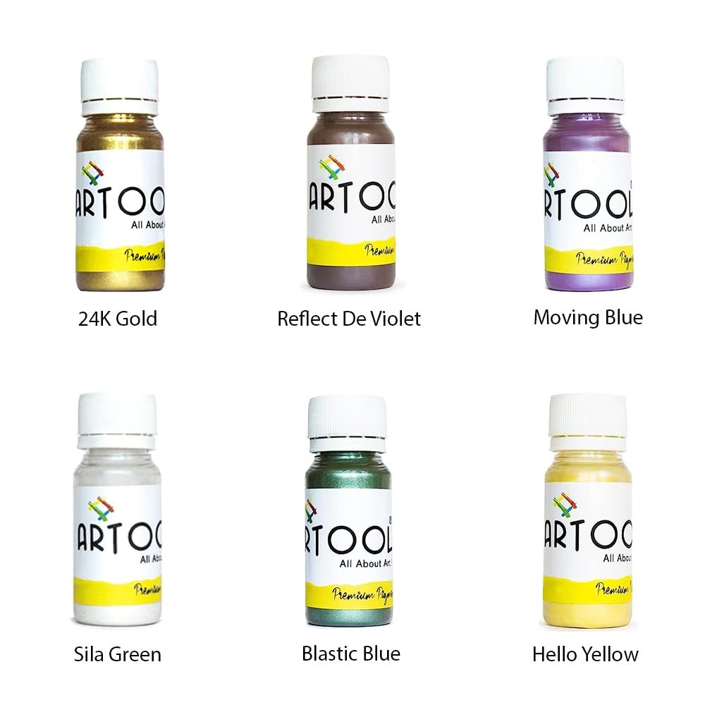 ARTOOL Mica Powder for Epoxy Resin Pigment Art 24K Gold, Reflect De Violet, Moving Blue, Sila Green, Blastic Blue, Hello Yellow Non Toxic Multipurpose Use in Making Candles, Painting, Art and Craft Projects Set of 6 Total 1.74 Oz