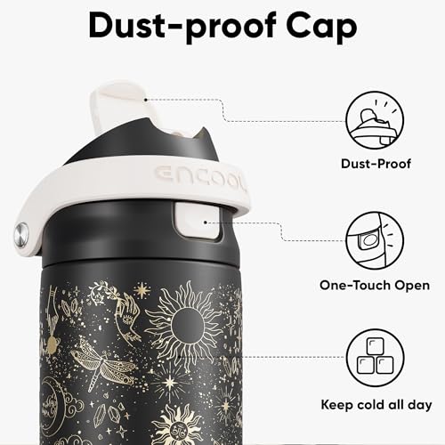 Image of ENCOOL Leakproof Insulated Water Bottle with Straw Dual-Sip Water Bottle Bag-Safe Design for Work, Commute & Gym - Keeps Drinks Cold All Day, 24 oz, Oracle Moth
