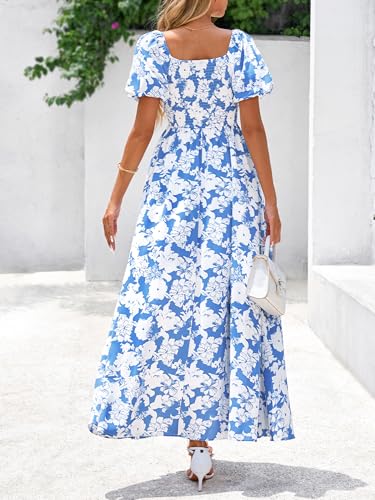 BTFBM Womens Summer 2025 Casual Maxi Dresses Short Sleeve Smocked Tiered Floral Boho Long Beach Dress with Pockets3