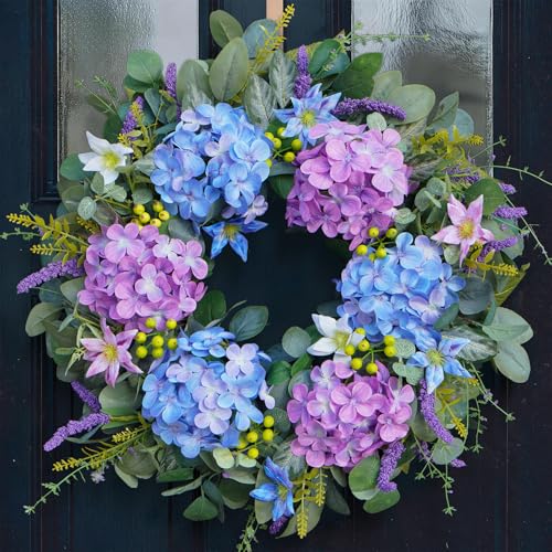 24 Inch Spring Summer Wreaths for Front Door - Blue & Purple Hydrangea Spring Door Wreath Monet-Inspired Floral Decor with Hydrangea and Clematis for French Country Spring and Summer Indoor Outdoor