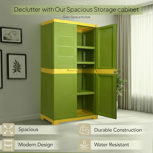 Image of Cello Novelty Big Bookshelf, Green & Yellow | 2 Dustproof Doors | Space Saving Cupboard | Plastic Book Shelf | Multipurpose Book Shelf for Home, Office | Book Organizer for Library