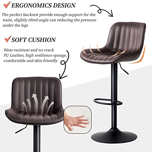 Younuoke Brown Upholstered Bar Stools Set Of 2 Counter Height Modern Adjustable Swivel Bar Chairs With Backs Mid Century Pu Leather Padded Barstool For Home Kitchen Island #TOP6