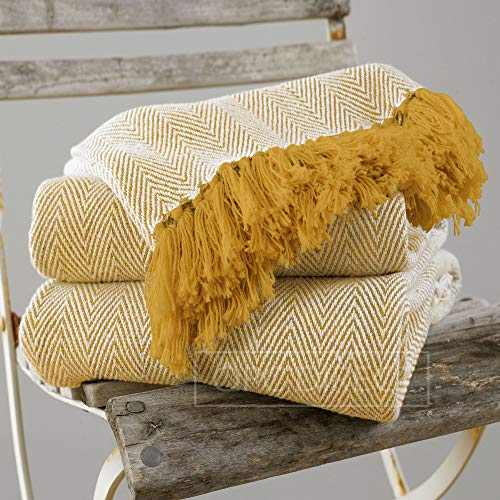 QPC Direct 100% Cotton Herringbone Throw, Mustard Ochre Yellow (Large 170 x 200cm)