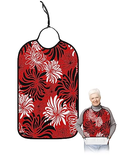 Red Black White Spring Floral Adult Bibs for Eating, Waterproof Bibs with Food Catcher & Adjustable Snap Closure, Modern Abstract Aesthetics Clothing Protectors Adult Bibs for Elderly Women/Men