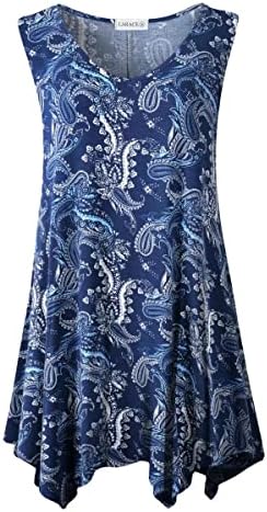 LARACE Plus Size Tank Tops for Women Paisley Clothes V Neck Floral Shirts Flowy Asymmetrical Tunic(3X, A-Navy12)