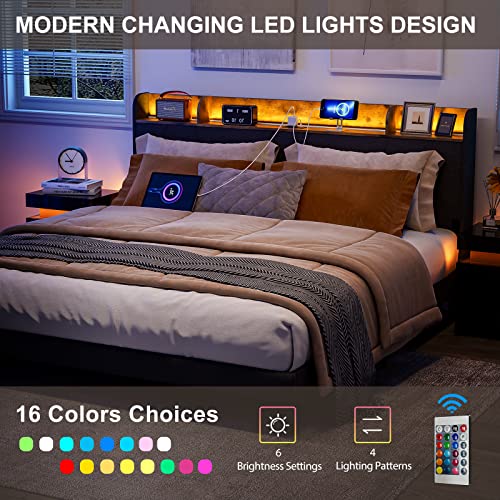Ikifly King Bed Frame With Charging Station & Storage Shelf Headboard, Upholstered Led Platform Bed Frame With 2 Outlets And 2 Usb Ports（1 Type C）, Solid Wood Slats, No Box Spring Needed - Black #TOP5