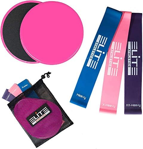 Elite Athletics Gliding Discs Core Sliders Set of 2 and Exercise Mini Resistance Bands with Carry Bag for Intense Low-Impact Exercises to Strengthen Core Glutes Abs, Set.