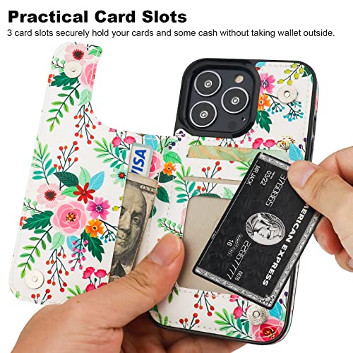 Image of HAOPINSH for iPhone 13 Pro Case Wallet with Card Holder, Colorful Florals Pattern Back Flip Folio PU Leather Kickstand Card Slots Case for Women Girls, Double Magnetic Clasp Shockproof Cover 6.1 inch