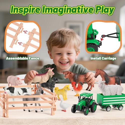 FRUSE Bauernhof Tiere Figuren Spielzeug ab 3 Jahr, 23 Stück Bauernhof Spielzeug mit Realistische Tiere Figuren,Traktor Spielzeugs,Bauernhoftiere Set Lernspielzeug Geschenke für Kinder ab 3 4 5 6 Jahre