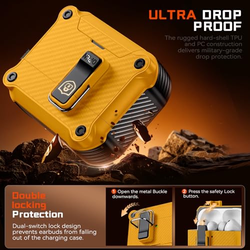 Image of Inesore for AirPods Pro 3 Case with Secure Lock (Yellow) | Phone Stand Design,Compatible with MagSafe,Automatic Snap Switch Secure Cover Carbon Fiber Texture with Cleaner Kit