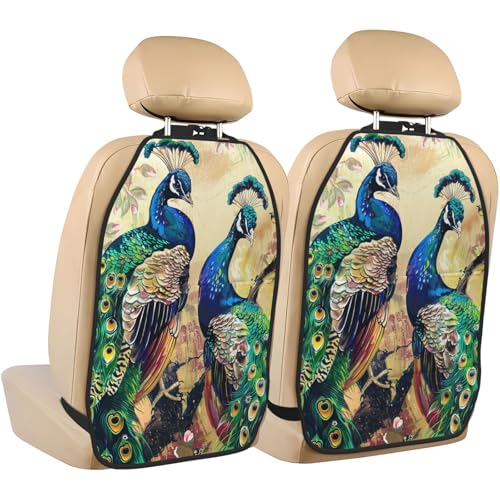 JTNWEC Peacocks Print Car Seat Kick Mats with Organisers 2 Pack Backseat Protector Seat Covers for Your Car, SUV, or Truck