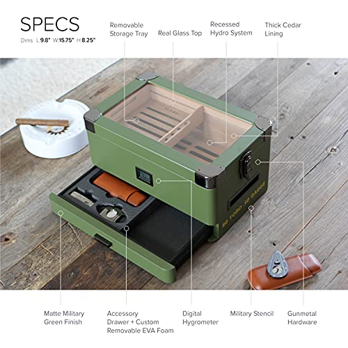 Case Elegance Military Glass Top Humidor With Thick Cedar, Easy Humidification System, Accurate Digital Hygrometer - Green #TOP3