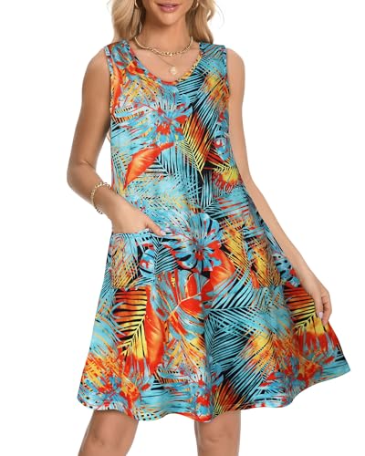 Image of elescat Womens Summer Dresses Casual V Neck Sleeveless Pockets Beach Loose Tank Sundress (Tropical Leaves, 2XL)