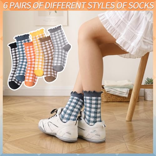 Image of 6 Pairs Women Ruffle Striped Frilly Socks, Cute Checkered Ankle Sock for Women Cotton Knit Casual Crew Socks