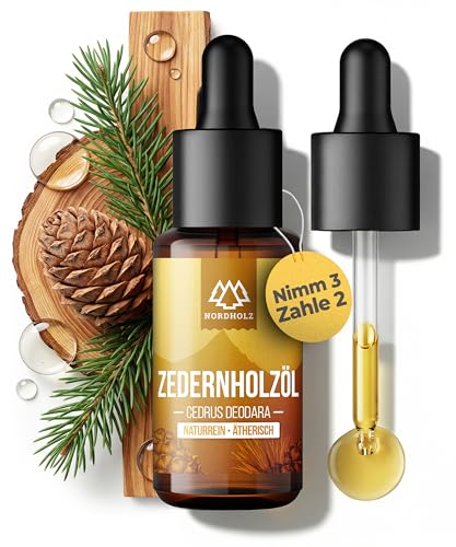 NORDHOLZ Zedernholzöl 15ml [100% naturrein] Holzig & warm - Zedernöl in Pharmaqualität aus schonender Destillation - Laborgeprüfte ätherische Öle - Für Sauna Diffusor & Aromatherapie