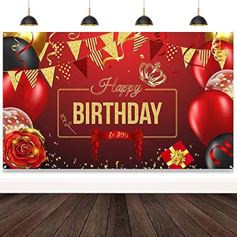 Happy Birthday Backdrop Banner Large Red Rose Black and Gold Balloons Sign Poster for Women Birthday Anniversary Party Decorations Photo Booth Background for Celebration Birthday Party Supplies Cover