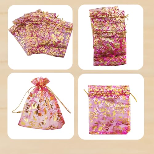 Image of 100 pcs 3.5 x 4.7 Inch Flower Heart Organza Jewelry Gift Pouch Candy Pouch Drawstring Wedding Favor Bags X92 (fuchsia gold flower)