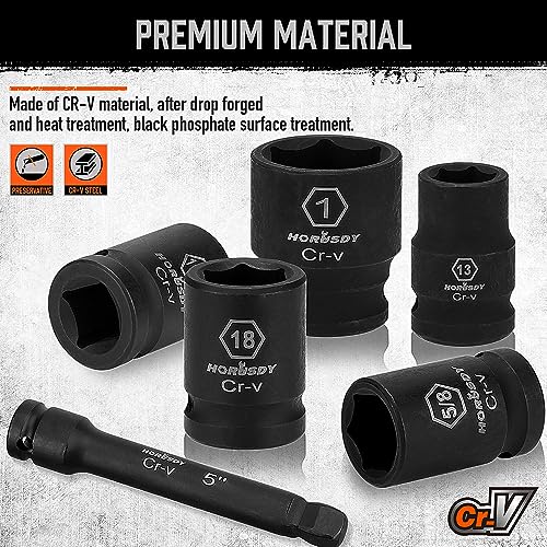 Image of HORUSDY 1 /2 inch Drive Shallow Impact Socket Set, 24-Piece SAE (7 /16 inch-1 inch) and Metric (13-24mm), 6 Point, Cr-V, Includes 1 /2-Inch Drive Ratchet Handle, Drive Extension Bar