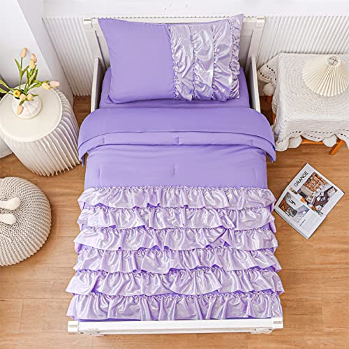 A Nice Night 4 Piece Glitter Flutter Toddler Bedding Set With Bling Shiny Ruffled Textured For Girls Bed Comforter Sheet Set,Purple #TOP22