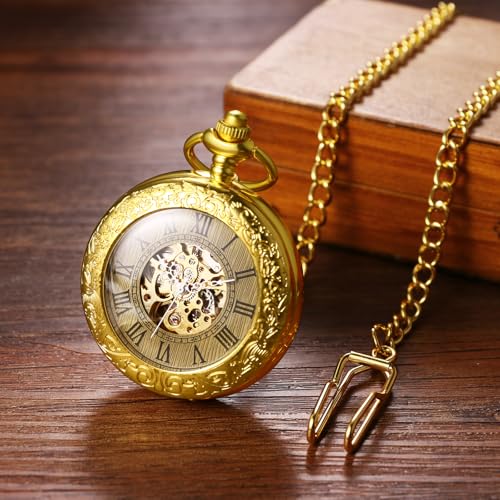 Image of JewelryWe Gold Mechanical Pocket Watch: Men Women Retro Analog Hand Mechanical Glass Carved Pocket Watch for Mother's Day