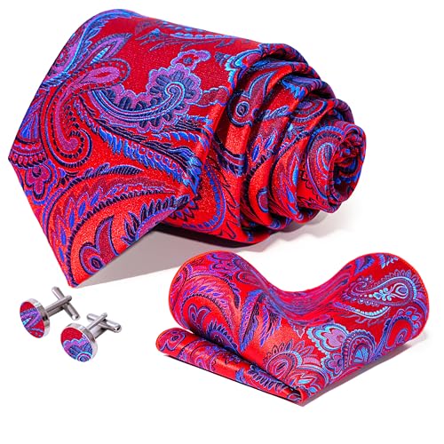 Image of 5PCS Tie and Pocket Square for Men, Silk Necktie and Handkerchief Cufflinks with Gold Ring and Lapel Pin Set