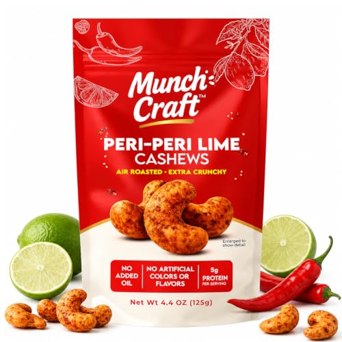 Munch Craft Gourmet Peri-Peri Lime Cashews – Perfectly Balanced Flavor (Smoky Heat &amp; Zesty Lime) – Extra Crunchy Air-Roasted Nuts, Oil-Free – No Artificial Colors or Flavors – 4.4 oz (125g) Resealable Bag