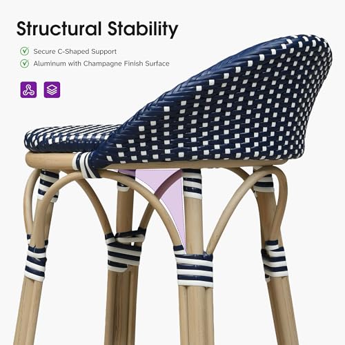 Image of PURPLE LEAF Patio Oversized Backrest Bar Height Stool Set of 1 Outdoor Round Barstools Aluminum Frame in Champagne Finish Woven Rattan for Indoor Kitchen Dining Bistros Cafe Restaurant Navy Blue